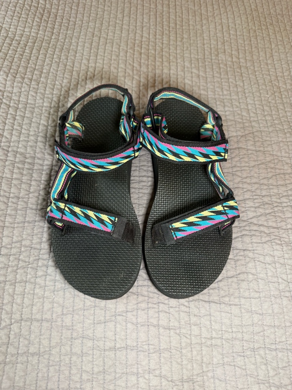 Teva Black Sandals with Turquoise Pink and Yellow Aztec Straps